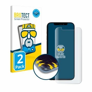 Parte frontal de un envase de producto con el logotipo de la marca BROTECT. Al lado se muestra el dispositivo Apple iPhone 12 