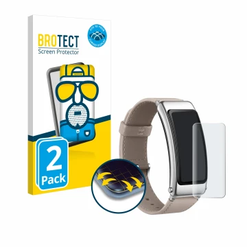 Parte frontal de un envase de producto con el logotipo de la marca BROTECT. Al lado se muestra el dispositivo Huawei TalkBand 