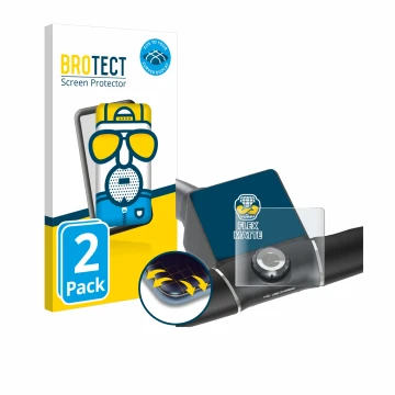 Parte frontal de un envase de producto con el logotipo de la marca BROTECT. Al lado se muestra el dispositivo Motocaddy M5 GPS