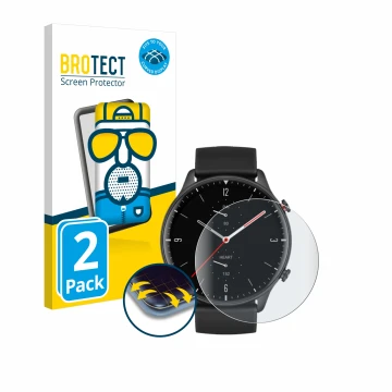 Parte frontal de un envase de producto con el logotipo de la marca BROTECT. Al lado se muestra el dispositivo Huami Amazfit GT
