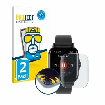 Parte frontal de un envase de producto con el logotipo de la marca BROTECT. Al lado se muestra el dispositivo Huami Amazfit GT