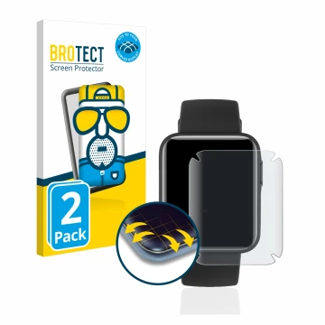 Parte frontal de un envase de producto con el logotipo de la marca BROTECT. Al lado se muestra el dispositivo Xiaomi Mi Watch 