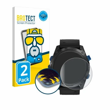 Parte frontal de un envase de producto con el logotipo de la marca BROTECT. Al lado se muestra el dispositivo Garmin Descent M
