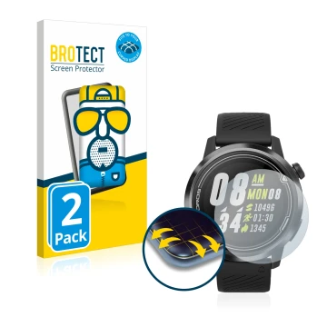 Parte frontal de un envase de producto con el logotipo de la marca BROTECT. Al lado se muestra el dispositivo Coros Apex (42 m