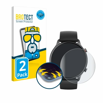 Parte frontal de un envase de producto con el logotipo de la marca BROTECT. Al lado se muestra el dispositivo Huami Amazfit GT