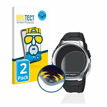 Parte frontal de un envase de producto con el logotipo de la marca BROTECT. Al lado se muestra el dispositivo Casio Wave Cepto