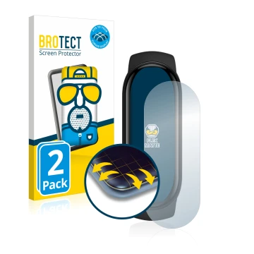 Parte frontal de un envase de producto con el logotipo de la marca BROTECT. Al lado se muestra el dispositivo Xiaomi Mi Band 6