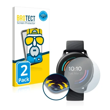 Parte frontal de un envase de producto con el logotipo de la marca BROTECT. Al lado se muestra el dispositivo OnePlus Watch co