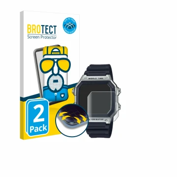 Parte frontal de un envase de producto con el logotipo de la marca BROTECT. Al lado se muestra el dispositivo Casio AE-1200WH 