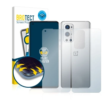 Parte frontal de un envase de producto con el logotipo de la marca BROTECT. Al lado se muestra el dispositivo OnePlus 9 Pro (F