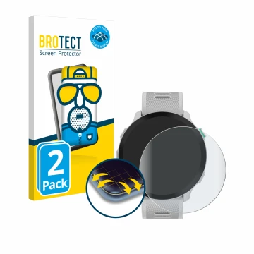 Parte frontal de un envase de producto con el logotipo de la marca BROTECT. Al lado se muestra el dispositivo Garmin Forerunne