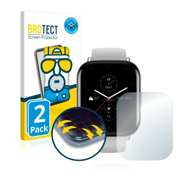 Parte frontal de un envase de producto con el logotipo de la marca BROTECT. Al lado se muestra el dispositivo Huami Amazfit Ze