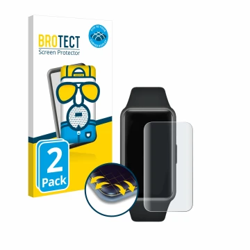 Parte frontal de un envase de producto con el logotipo de la marca BROTECT. Al lado se muestra el dispositivo Huawei Band 6 co