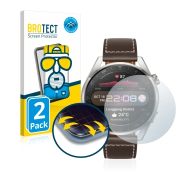 Parte frontal de un envase de producto con el logotipo de la marca BROTECT. Al lado se muestra el dispositivo Huawei Watch 3 P