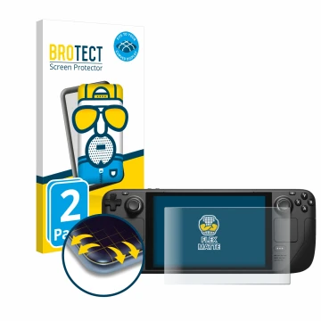 Parte frontal de un envase de producto con el logotipo de la marca BROTECT. Al lado se muestra el dispositivo Valve Steam Deck