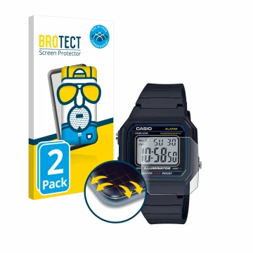 Parte frontal de un envase de producto con el logotipo de la marca BROTECT. Al lado se muestra el dispositivo Casio Unisex W-8