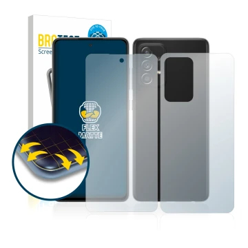 Parte frontal de un envase de producto con el logotipo de la marca BROTECT. Al lado se muestra el dispositivo Samsung Galaxy A