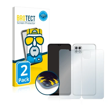 Parte frontal de un envase de producto con el logotipo de la marca BROTECT. Al lado se muestra el dispositivo Samsung Galaxy A