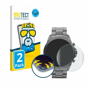 Parte frontal de un envase de producto con el logotipo de la marca BROTECT. Al lado se muestra el dispositivo Fossil Gen 6 (44