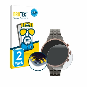 Parte frontal de un envase de producto con el logotipo de la marca BROTECT. Al lado se muestra el dispositivo Fossil Gen 6 (42