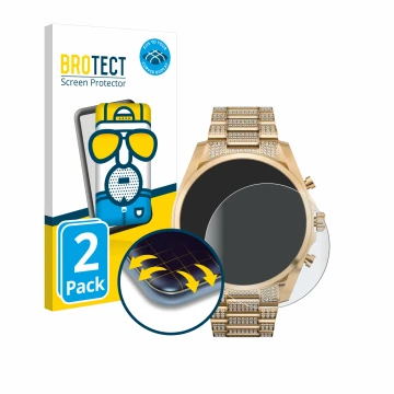 Parte frontal de un envase de producto con el logotipo de la marca BROTECT. Al lado se muestra el dispositivo Michael Kors Acc