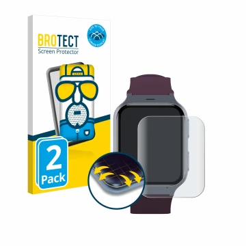 Parte frontal de un envase de producto con el logotipo de la marca BROTECT. Al lado se muestra el dispositivo TCL Safety Watch