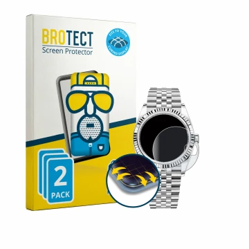 Parte frontal de un envase de producto con el logotipo de la marca BROTECT. Al lado se muestra el dispositivo Rolex Datejust 3