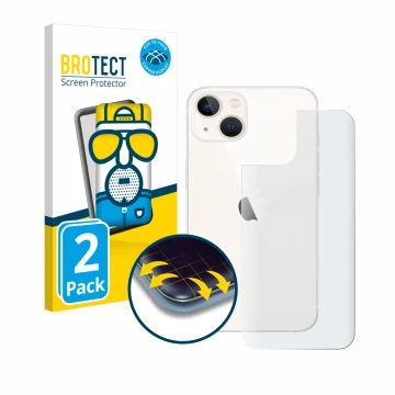 Parte frontal de un envase de producto con el logotipo de la marca BROTECT. Al lado se muestra el dispositivo Apple iPhone 13 
