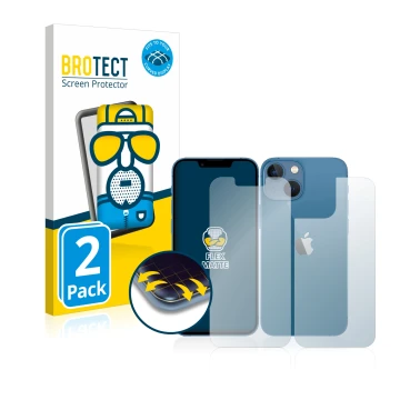 Parte frontal de un envase de producto con el logotipo de la marca BROTECT. Al lado se muestra el dispositivo Apple iPhone 13 