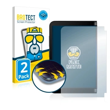 Parte frontal de un envase de producto con el logotipo de la marca BROTECT. Al lado se muestra el dispositivo Microsoft Surfac