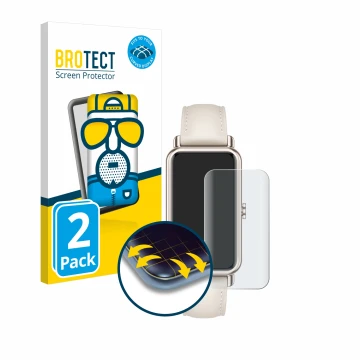 Parte frontal de un envase de producto con el logotipo de la marca BROTECT. Al lado se muestra el dispositivo Huawei Watch Fit