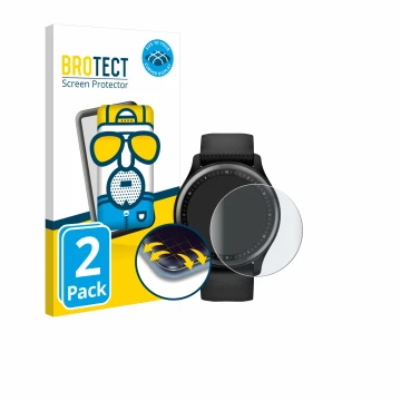 Parte frontal de un envase de producto con el logotipo de la marca BROTECT. Al lado se muestra el dispositivo Garmin Vivomove 