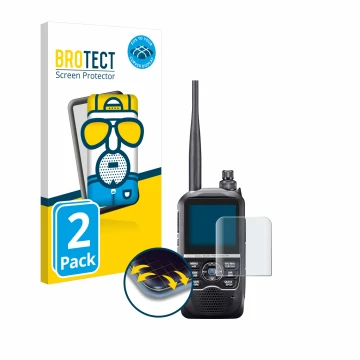 Parte frontal de un envase de producto con el logotipo de la marca BROTECT. Al lado se muestra el dispositivo Icom ID-52E con 