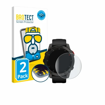 Parte frontal de un envase de producto con el logotipo de la marca BROTECT. Al lado se muestra el dispositivo Garmin epix (Gen