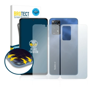 Parte frontal de un envase de producto con el logotipo de la marca BROTECT. Al lado se muestra el dispositivo Xiaomi Redmi Not