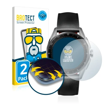 Parte frontal de un envase de producto con el logotipo de la marca BROTECT. Al lado se muestra el dispositivo TAG Heuer Connec