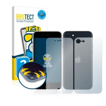 Parte frontal de un envase de producto con el logotipo de la marca BROTECT. Al lado se muestra el dispositivo Apple iPhone SE 