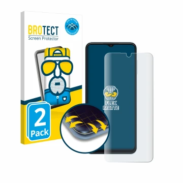 Parte frontal de un envase de producto con el logotipo de la marca BROTECT. Al lado se muestra el dispositivo Samsung Galaxy A