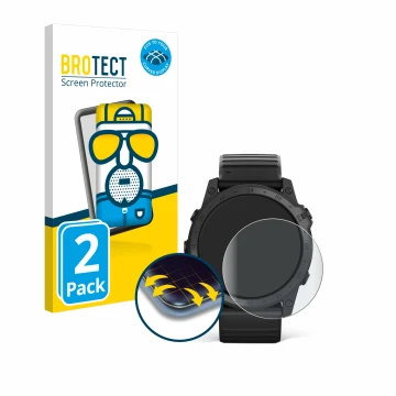 Parte frontal de un envase de producto con el logotipo de la marca BROTECT. Al lado se muestra el dispositivo Garmin Tactix 7 