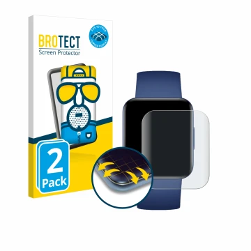 Parte frontal de un envase de producto con el logotipo de la marca BROTECT. Al lado se muestra el dispositivo Xiaomi Poco Watc