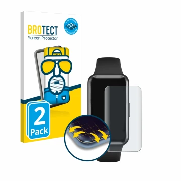Parte frontal de un envase de producto con el logotipo de la marca BROTECT. Al lado se muestra el dispositivo Huawei Band 7 co