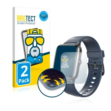 Parte frontal de un envase de producto con el logotipo de la marca BROTECT. Al lado se muestra el dispositivo Hama Fit Watch 4