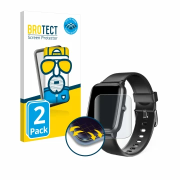 Parte frontal de un envase de producto con el logotipo de la marca BROTECT. Al lado se muestra el dispositivo Hama Fit Watch 5