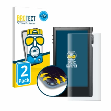 Parte frontal de un envase de producto con el logotipo de la marca BROTECT. Al lado se muestra el dispositivo Astell&Kern Kann
