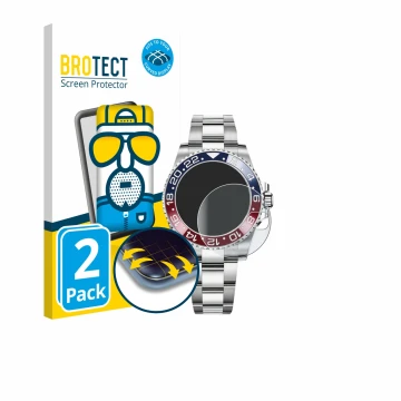 Parte frontal de un envase de producto con el logotipo de la marca BROTECT. Al lado se muestra el dispositivo Rolex GMT-Master