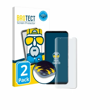 Parte frontal de un envase de producto con el logotipo de la marca BROTECT. Al lado se muestra el dispositivo ASUS ROG Phone 6