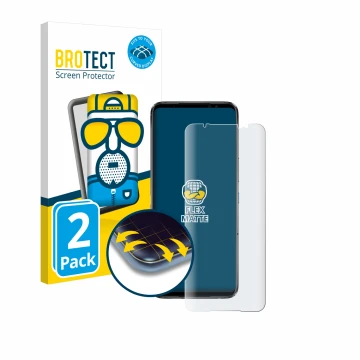 Parte frontal de un envase de producto con el logotipo de la marca BROTECT. Al lado se muestra el dispositivo ASUS ROG Phone 6