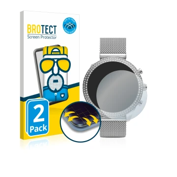 Parte frontal de un envase de producto con el logotipo de la marca BROTECT. Al lado se muestra el dispositivo Fossil Stella (6