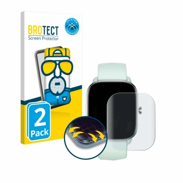 Parte frontal de un envase de producto con el logotipo de la marca BROTECT. Al lado se muestra el dispositivo Huami Amazfit GT
