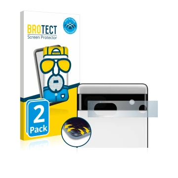 Parte frontal de un envase de producto con el logotipo de la marca BROTECT. Al lado se muestra el dispositivo Google Pixel 6a 